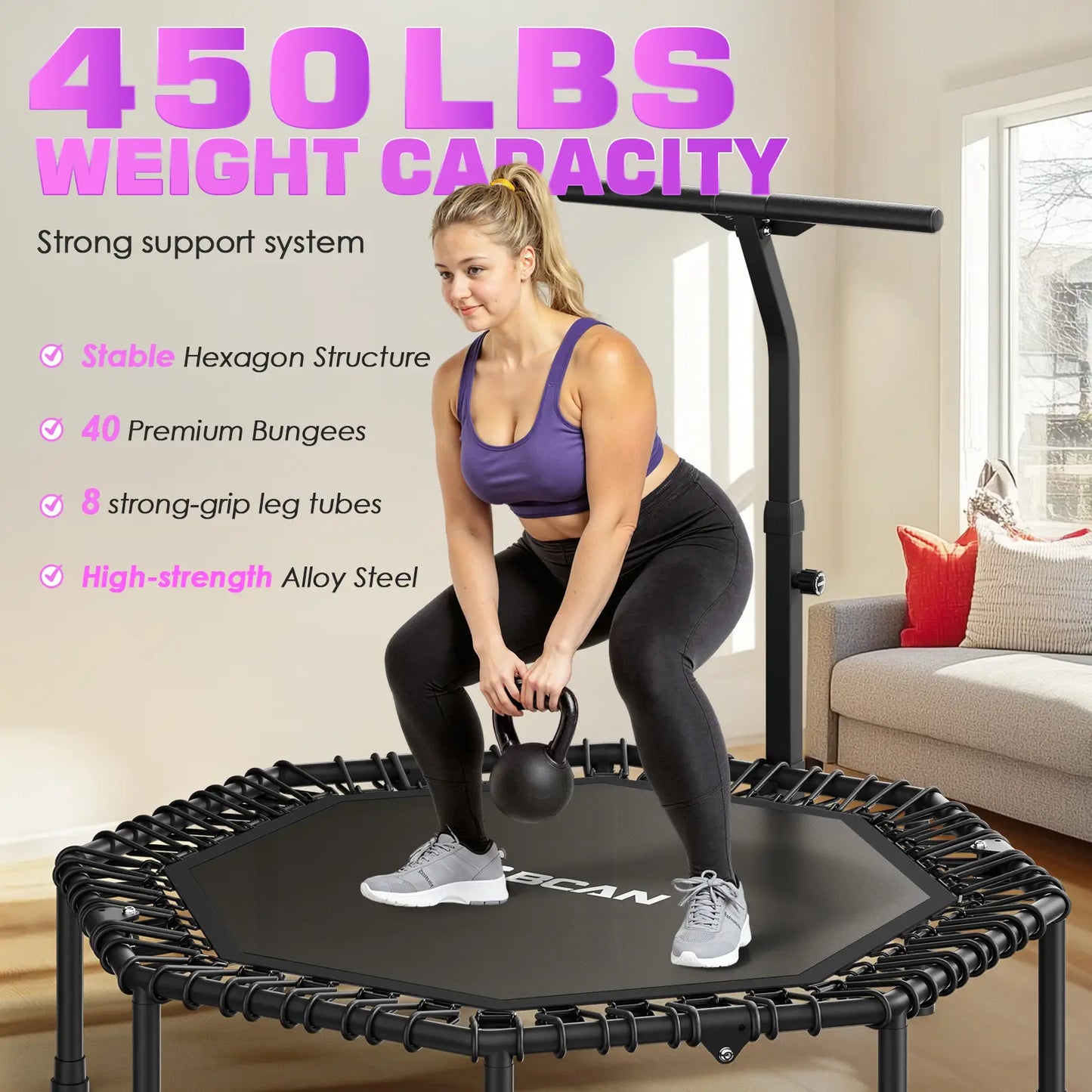 51IN/450LBS  Exercise Rebounder Trampoline with T-Adjustable Handle Bar Silent Bungees, Octagonal