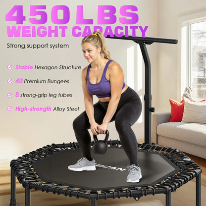 51IN/450LBS  Exercise Rebounder Trampoline with T-Adjustable Handle Bar Silent Bungees, Octagonal
