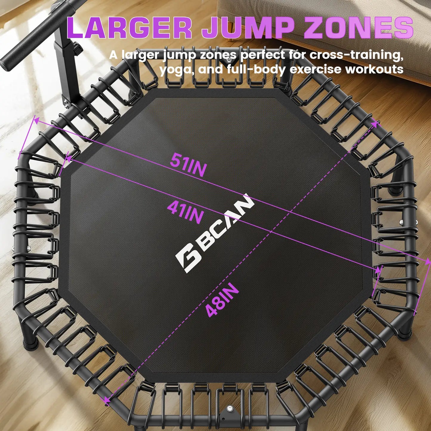 51IN/450LBS  Exercise Rebounder Trampoline with T-Adjustable Handle Bar Silent Bungees, Octagonal