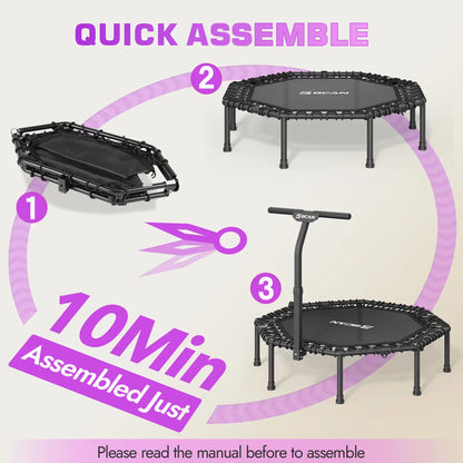 51IN/450LBS  Exercise Rebounder Trampoline with T-Adjustable Handle Bar Silent Bungees, Octagonal