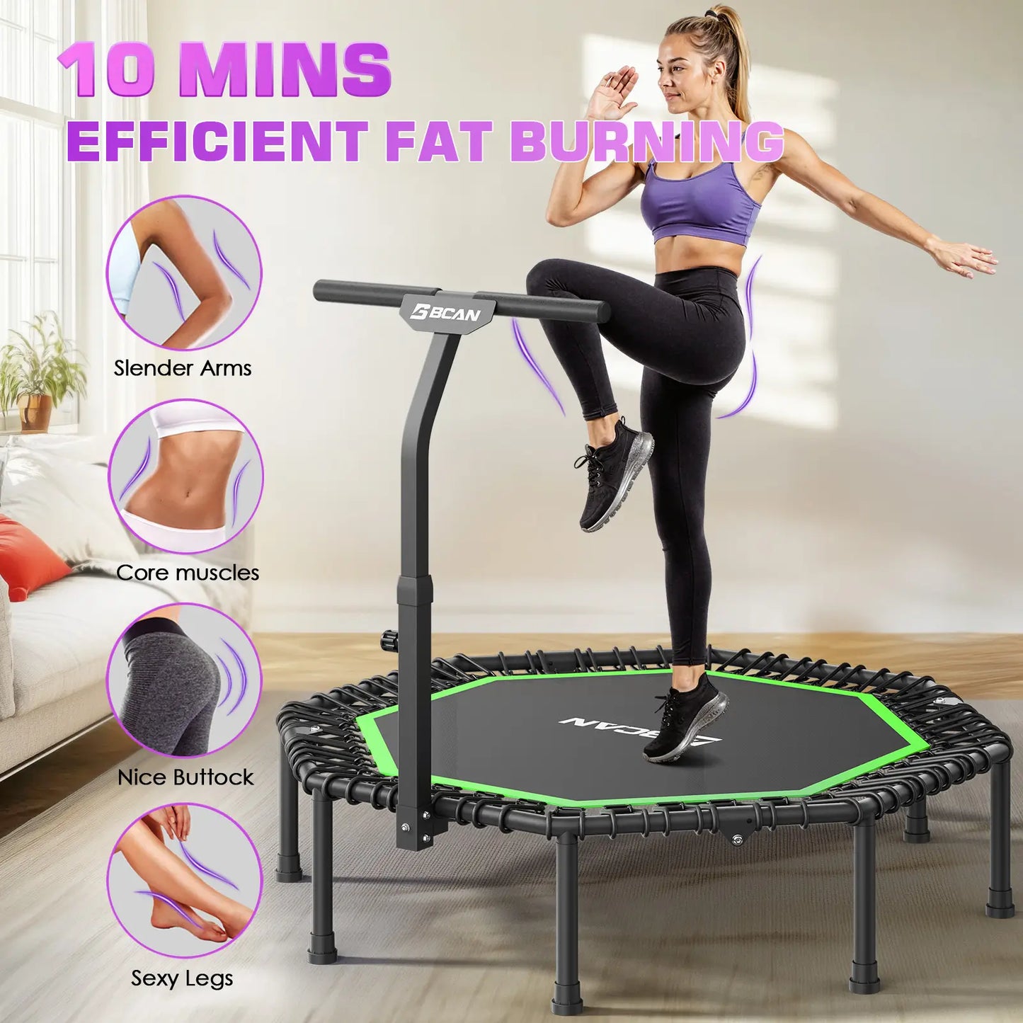 51" Bungee Trampoline with T-Handle Bar,Rebounder for Adults-Green Color, 450LBS, Octagonal