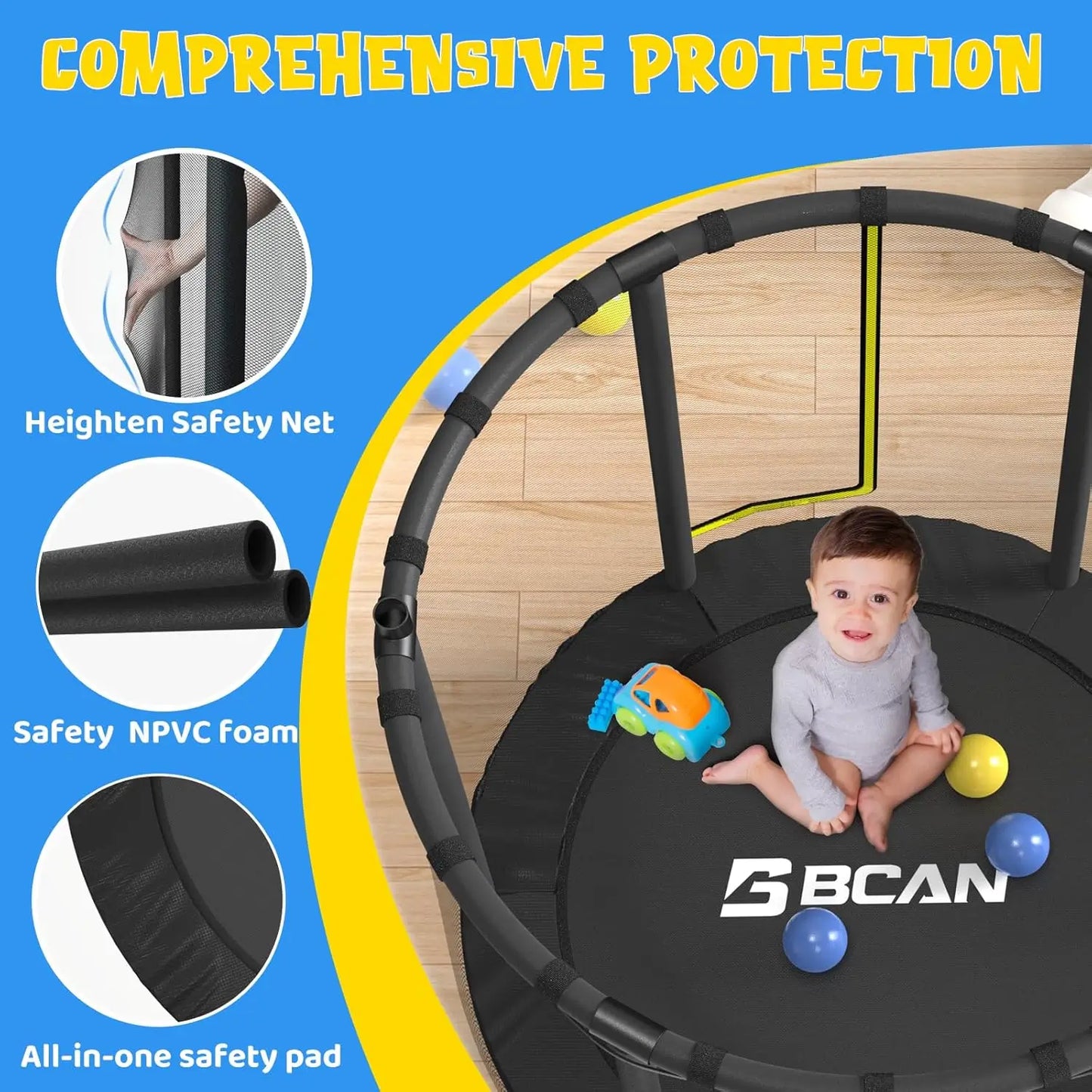 55" Mini Trampoline for Ages 1 to 8 Kid, 5FT Toddler Trampoline with Enclosure Net