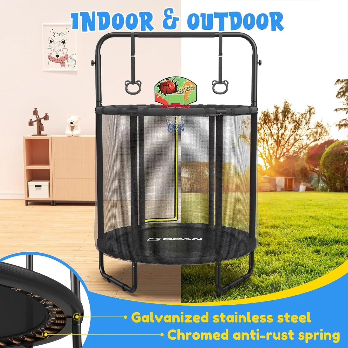 55" Mini Trampoline for Ages 1 to 8 Kid, 5FT Toddler Trampoline with Enclosure Net