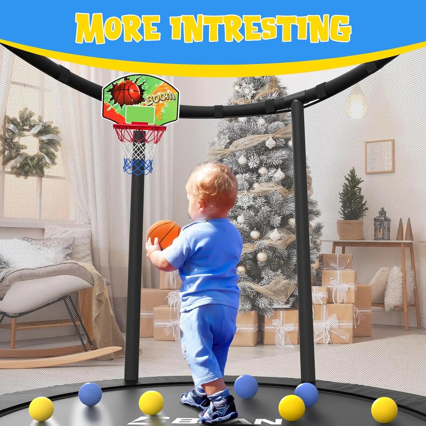 55" Mini Trampoline for Ages 1 to 8 Kid, 5FT Toddler Trampoline with Enclosure Net
