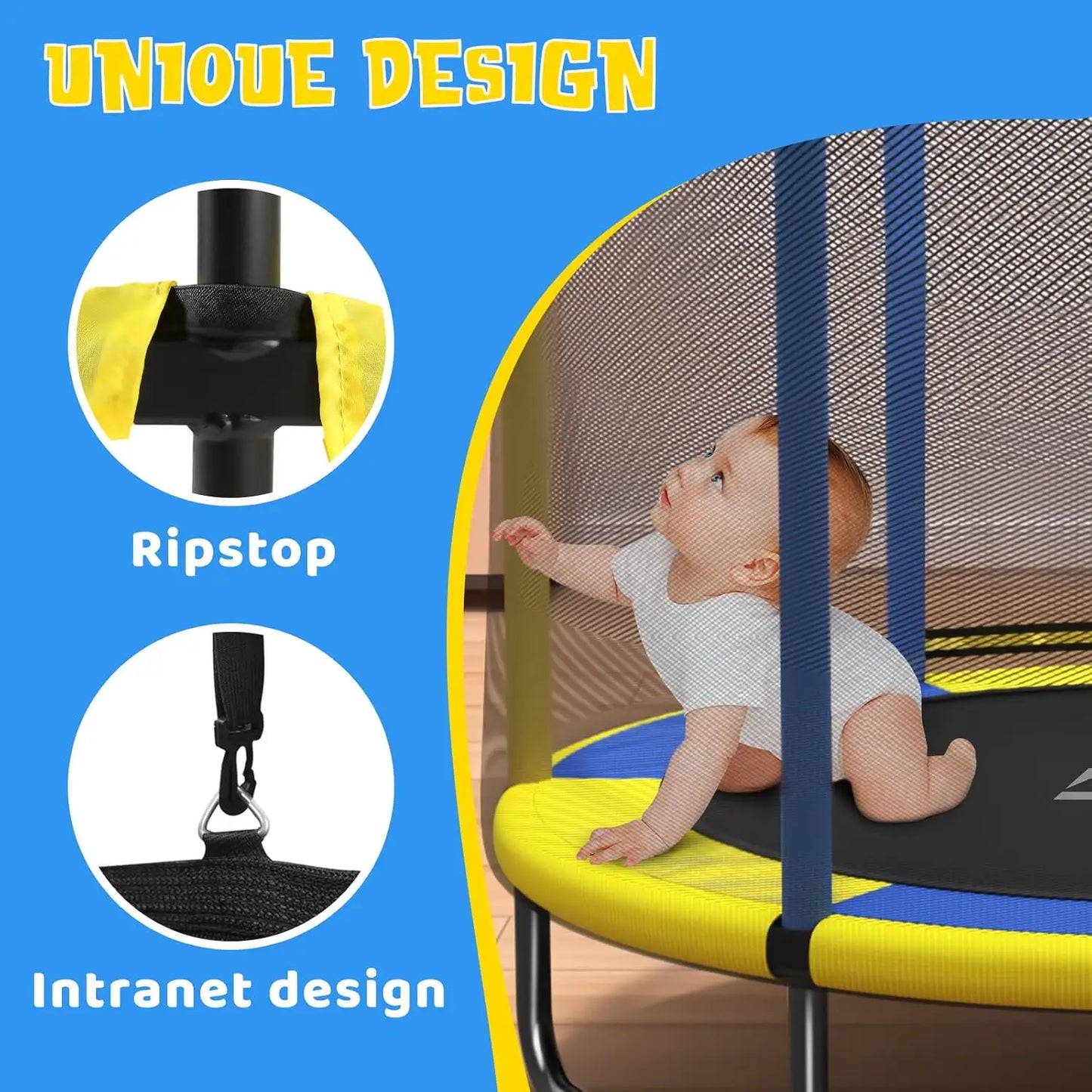 55" Blue/Yellow Color Toddler Trampoline with Adjustable Gymnastics Bars, Basketball Hoop