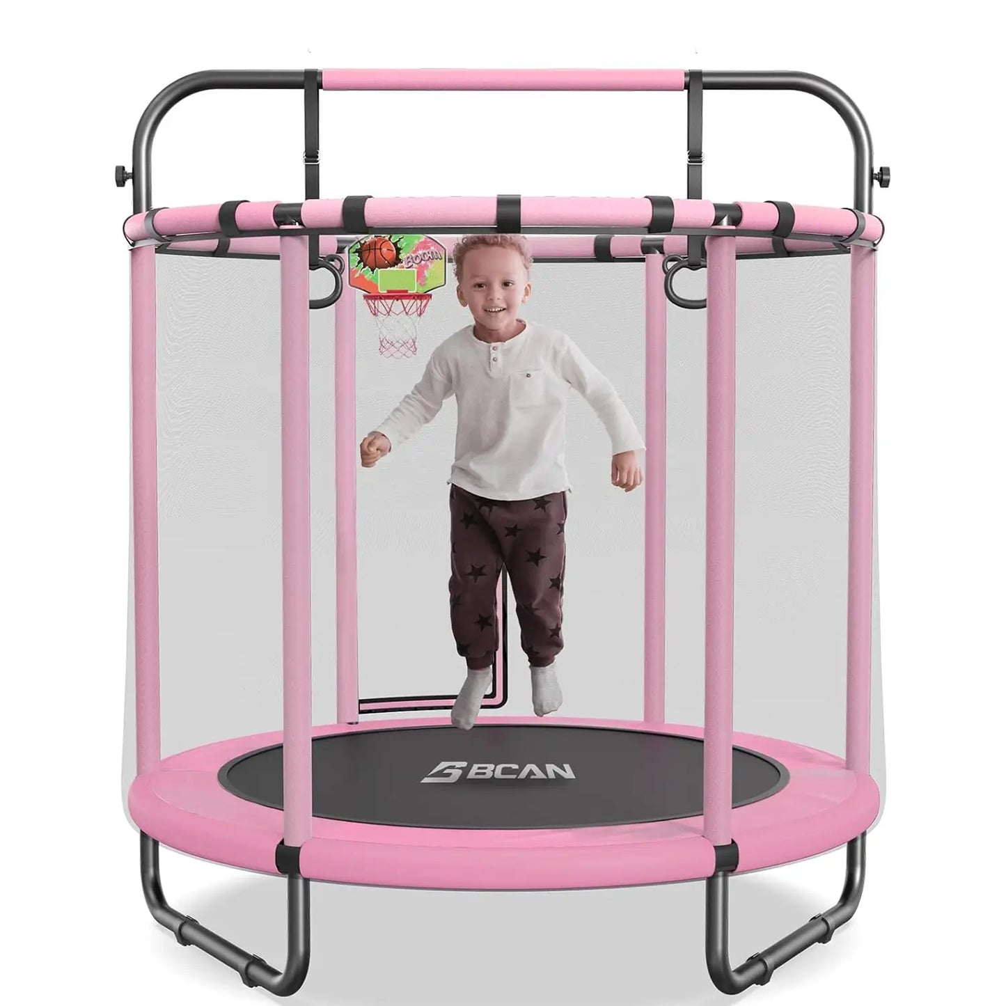 55" Mini Trampoline for Kids, Adjustable Gymnastics Bars-Pink