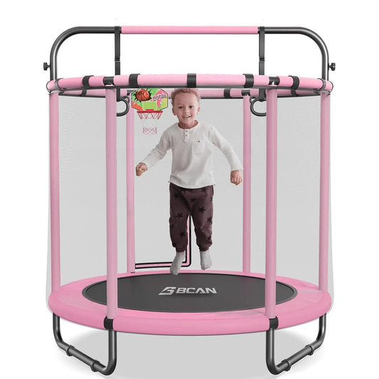 55" Mini Trampoline for Kids, Adjustable Gymnastics Bars-Pink