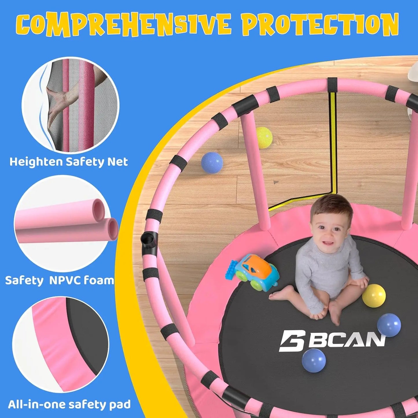 55" Mini Trampoline for Kids, Adjustable Gymnastics Bars-Pink