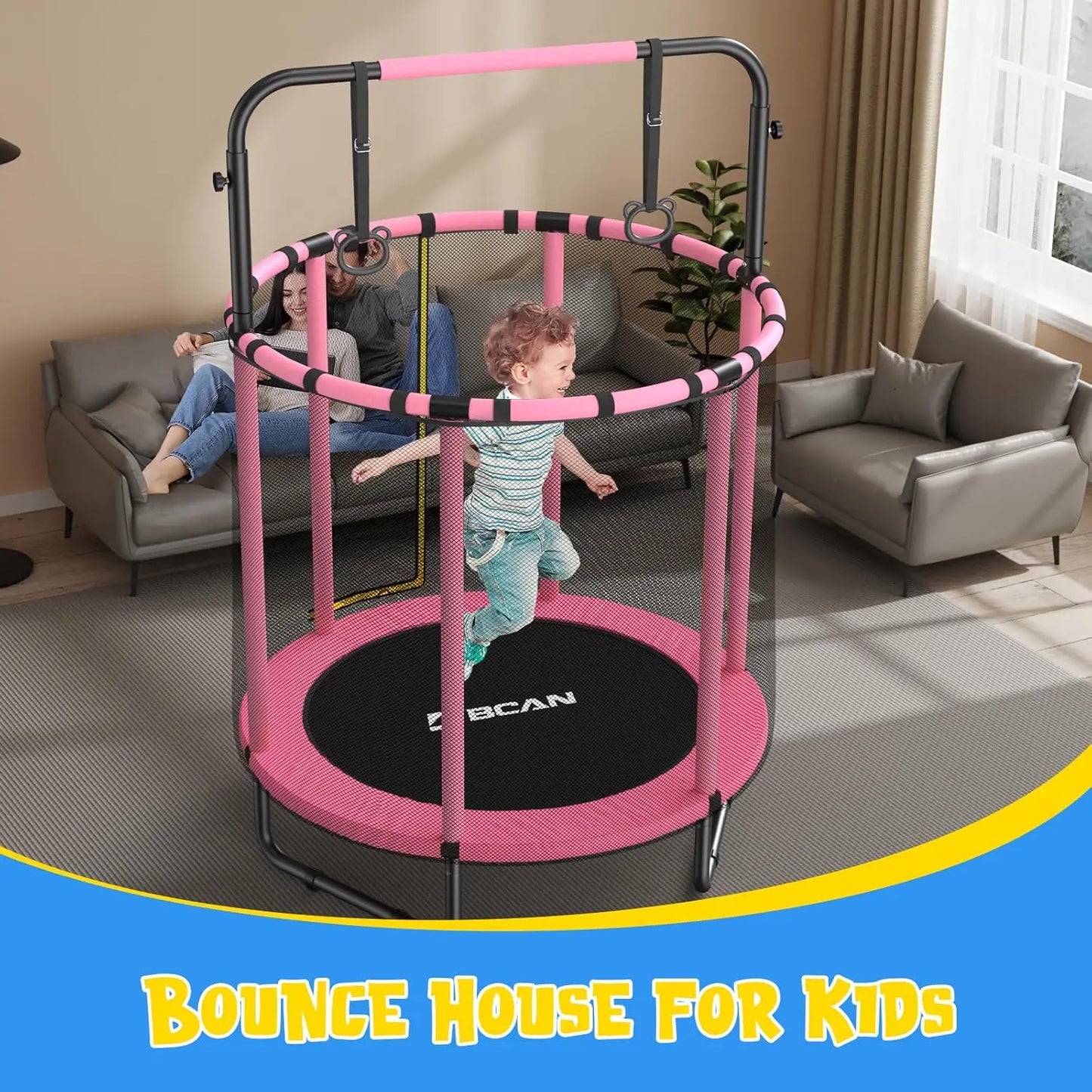 55" Mini Trampoline for Kids, Adjustable Gymnastics Bars-Pink