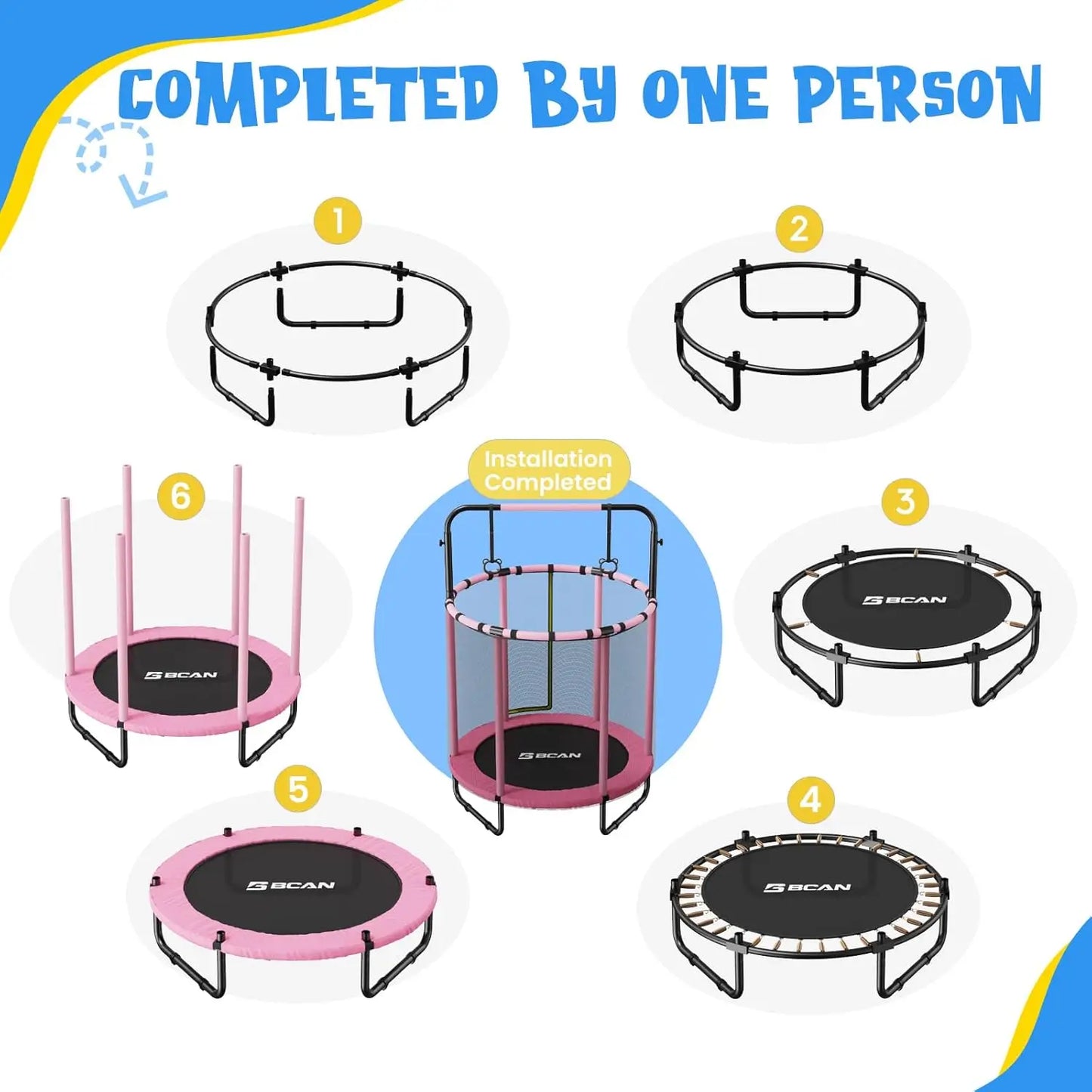 55" Mini Trampoline for Kids, Adjustable Gymnastics Bars-Pink