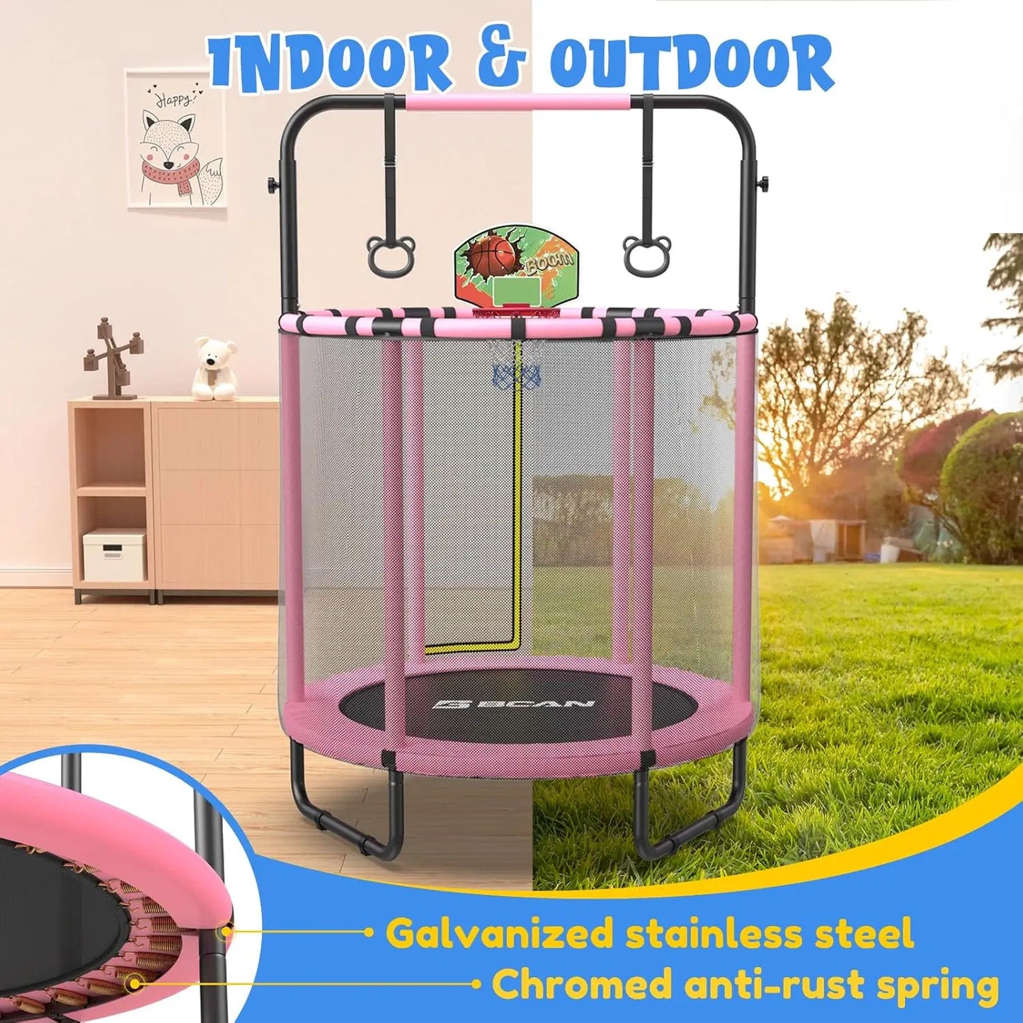 55" Mini Trampoline for Kids, Adjustable Gymnastics Bars-Pink
