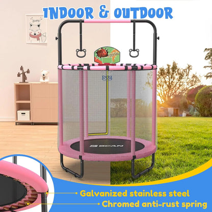 55" Mini Trampoline for Kids, Adjustable Gymnastics Bars-Pink