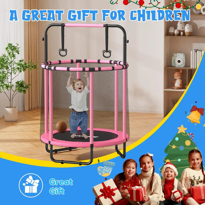 55" Mini Trampoline for Kids, Adjustable Gymnastics Bars-Pink