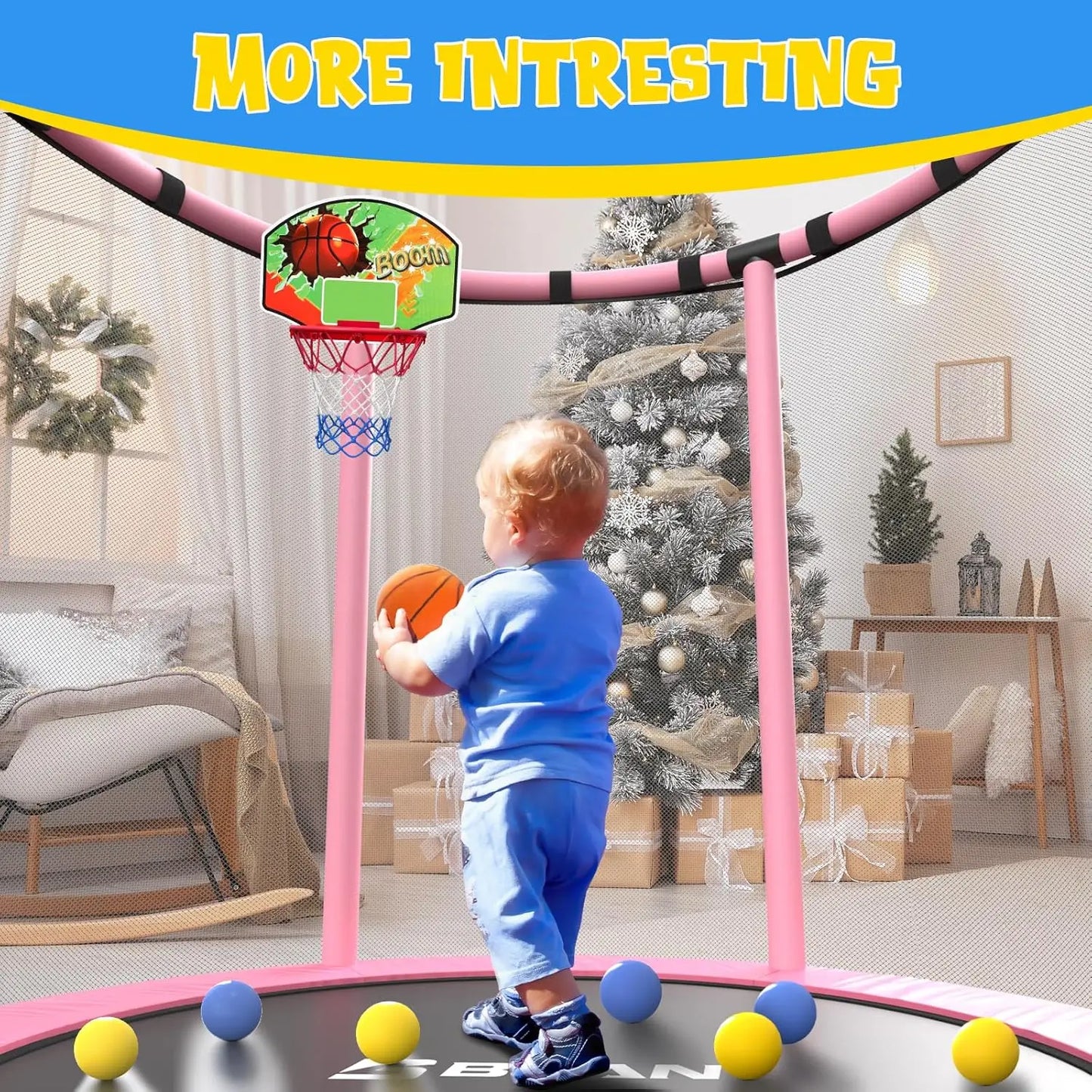 55" Mini Trampoline for Kids, Adjustable Gymnastics Bars-Pink