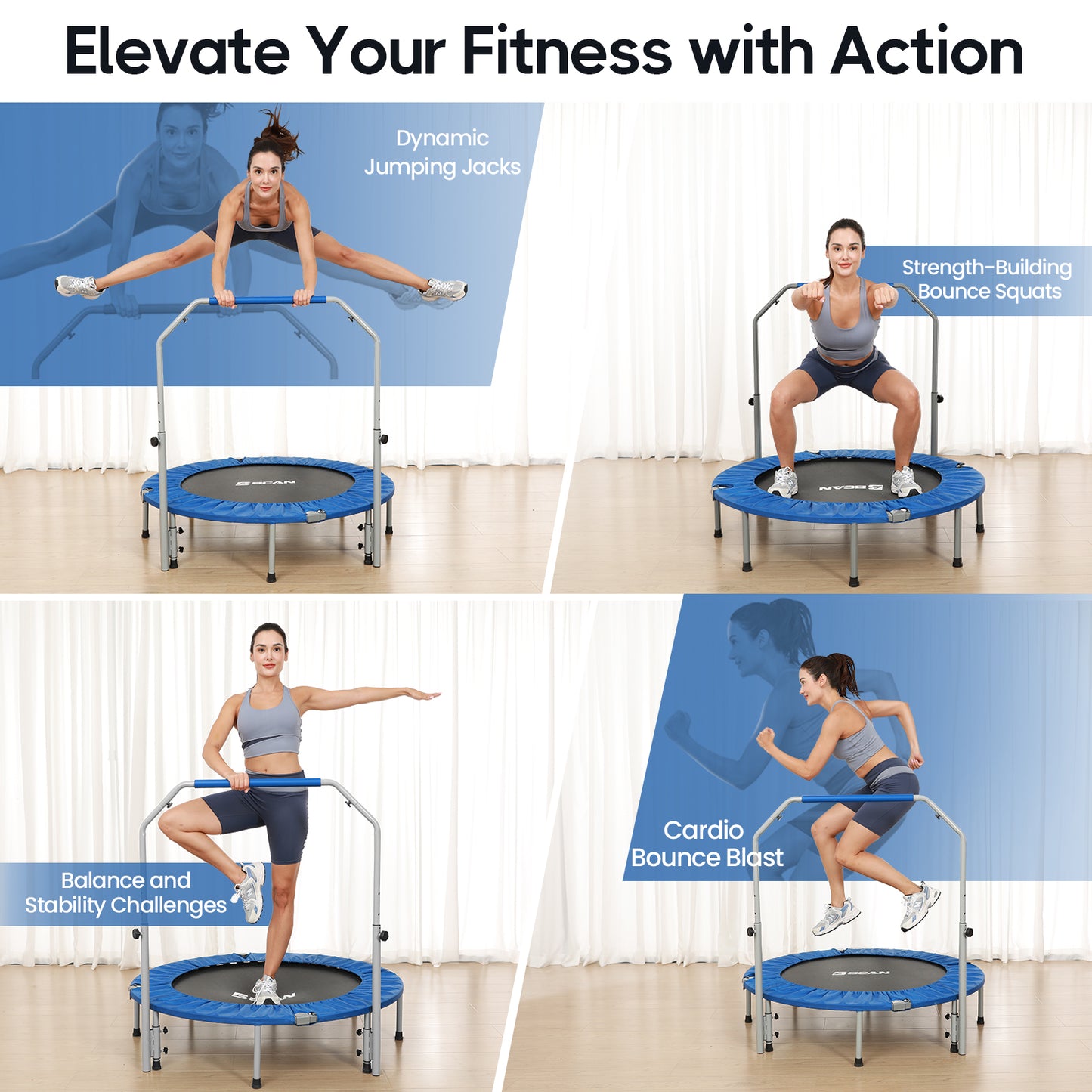 48-Blue Foldable Mini Trampoline with Adjustable Foam Handle