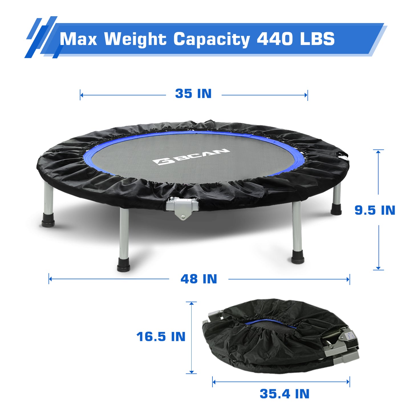 Foldable Mini Trampoline | No Handle | Steel Spring Trampoline-48Inch/440lbs