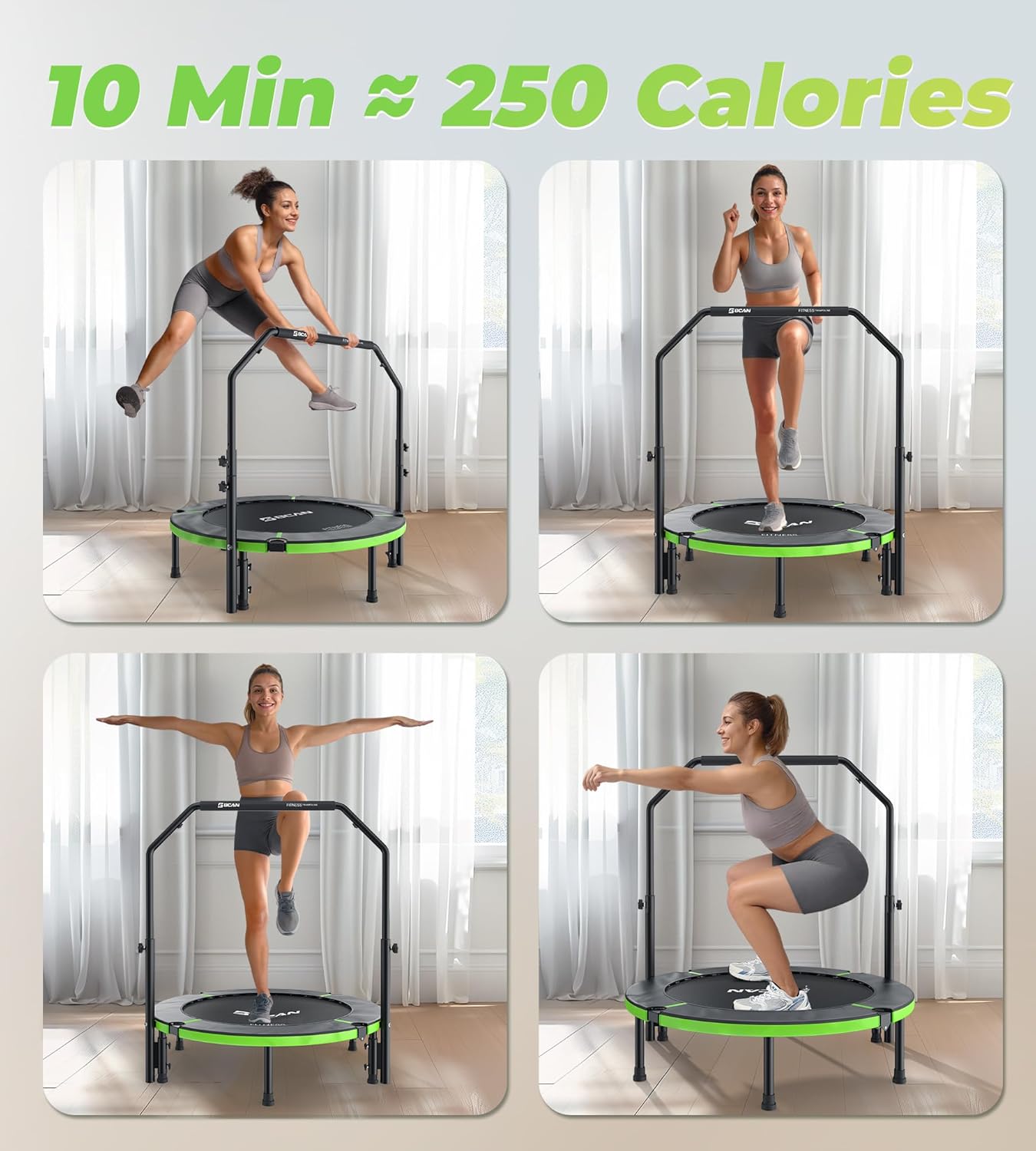 Exercise Rebounder Trampoline For Adults | Adjustable Handle-U Handle/40Inch Green