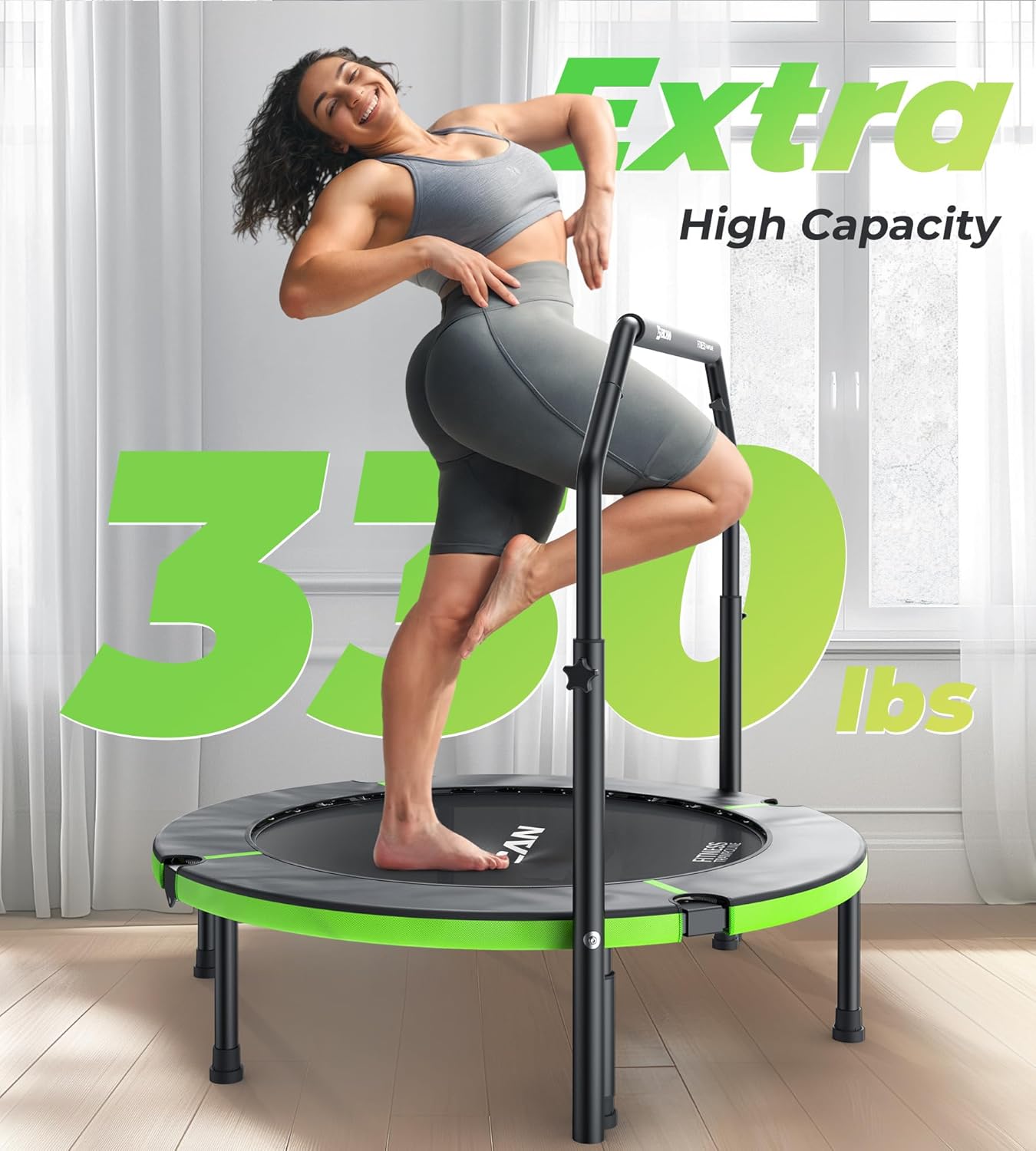 Exercise Rebounder Trampoline For Adults | Adjustable Handle-U Handle/40Inch Green