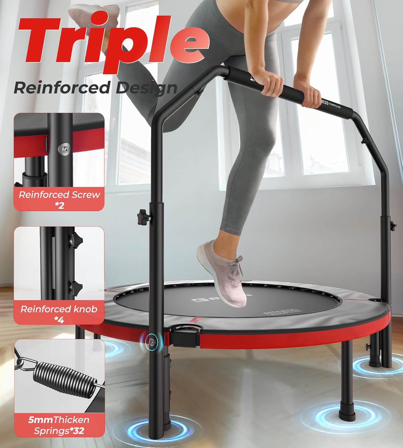 Exercise Rebounder Trampoline For Adults | Adjustable Handle-U Handle/40Inch Red