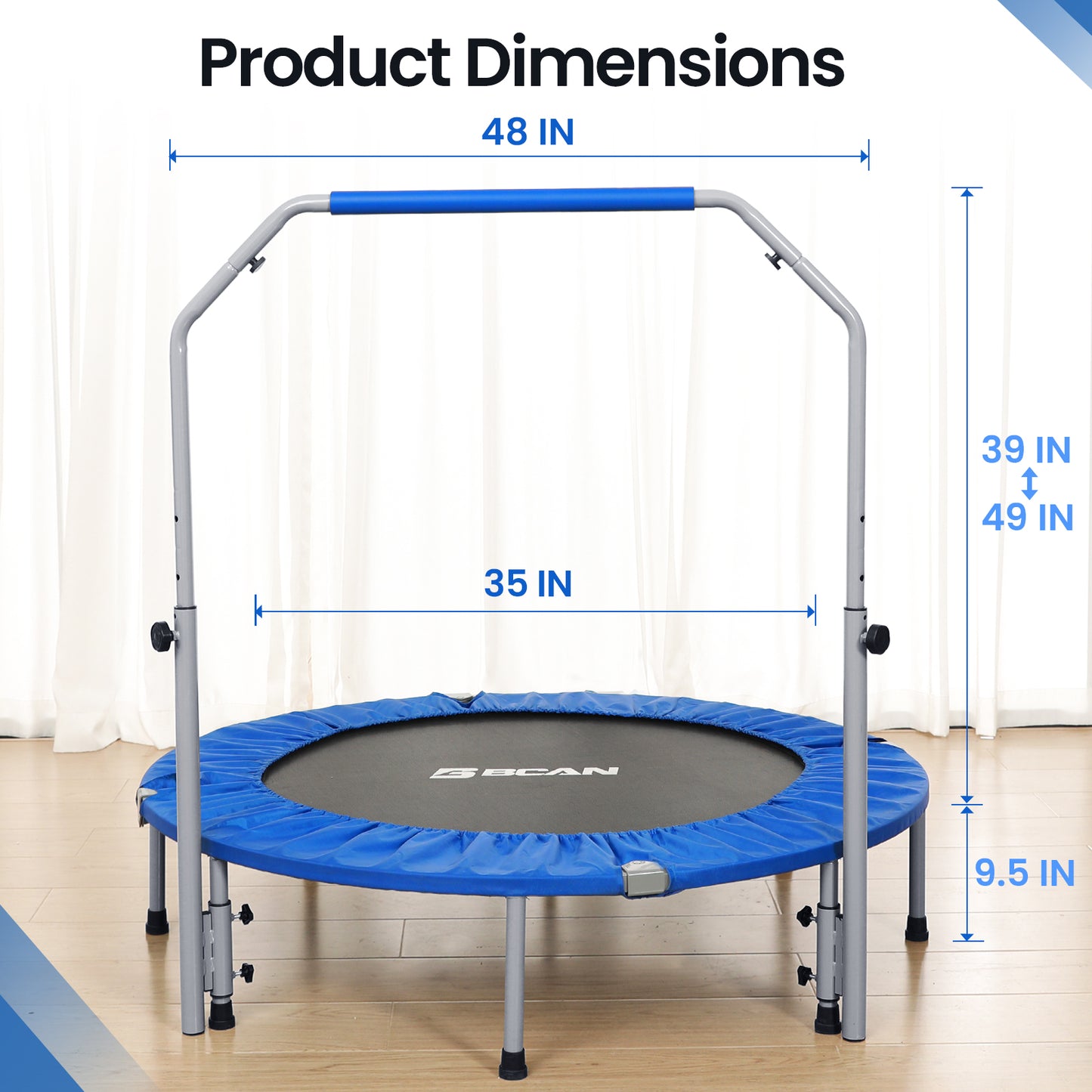 48-Blue Foldable Mini Trampoline with Adjustable Foam Handle