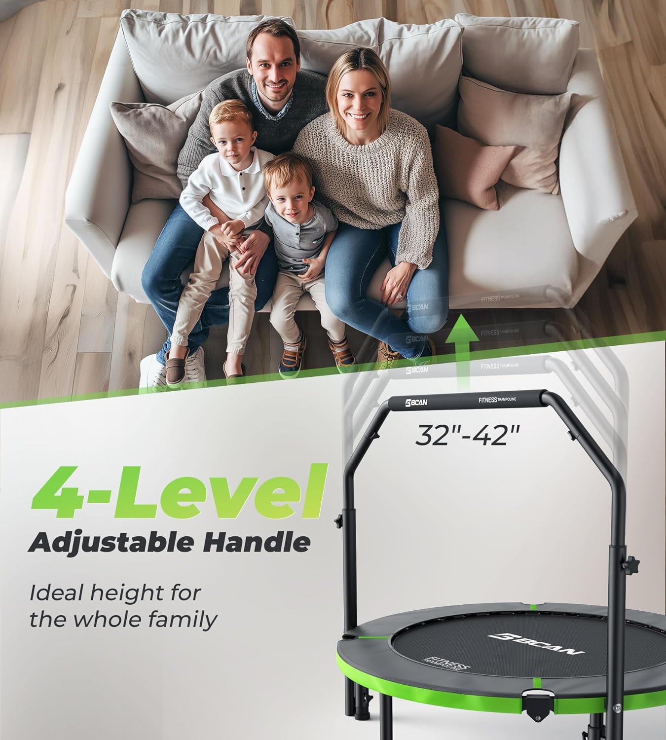 Exercise Rebounder Trampoline For Adults | Adjustable Handle-U Handle/40Inch Green