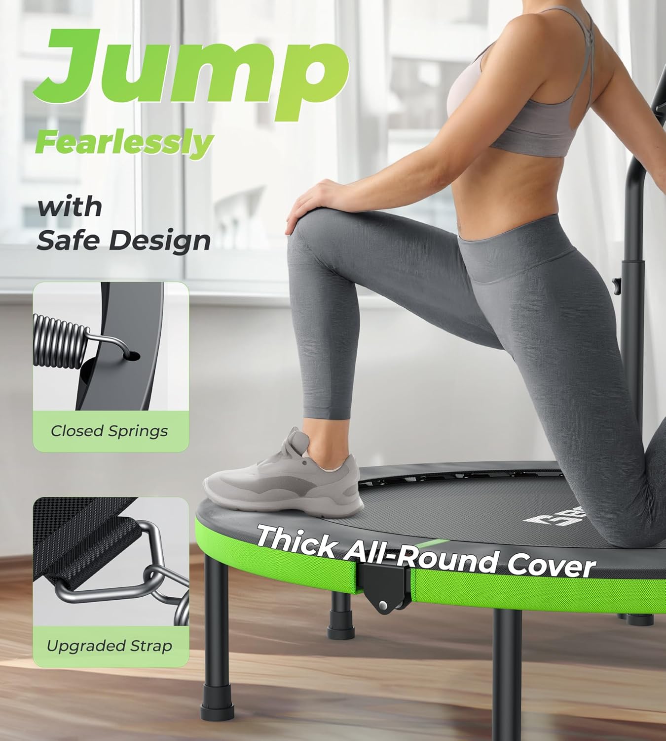 Exercise Rebounder Trampoline For Adults | Adjustable Handle-U Handle/40Inch Green