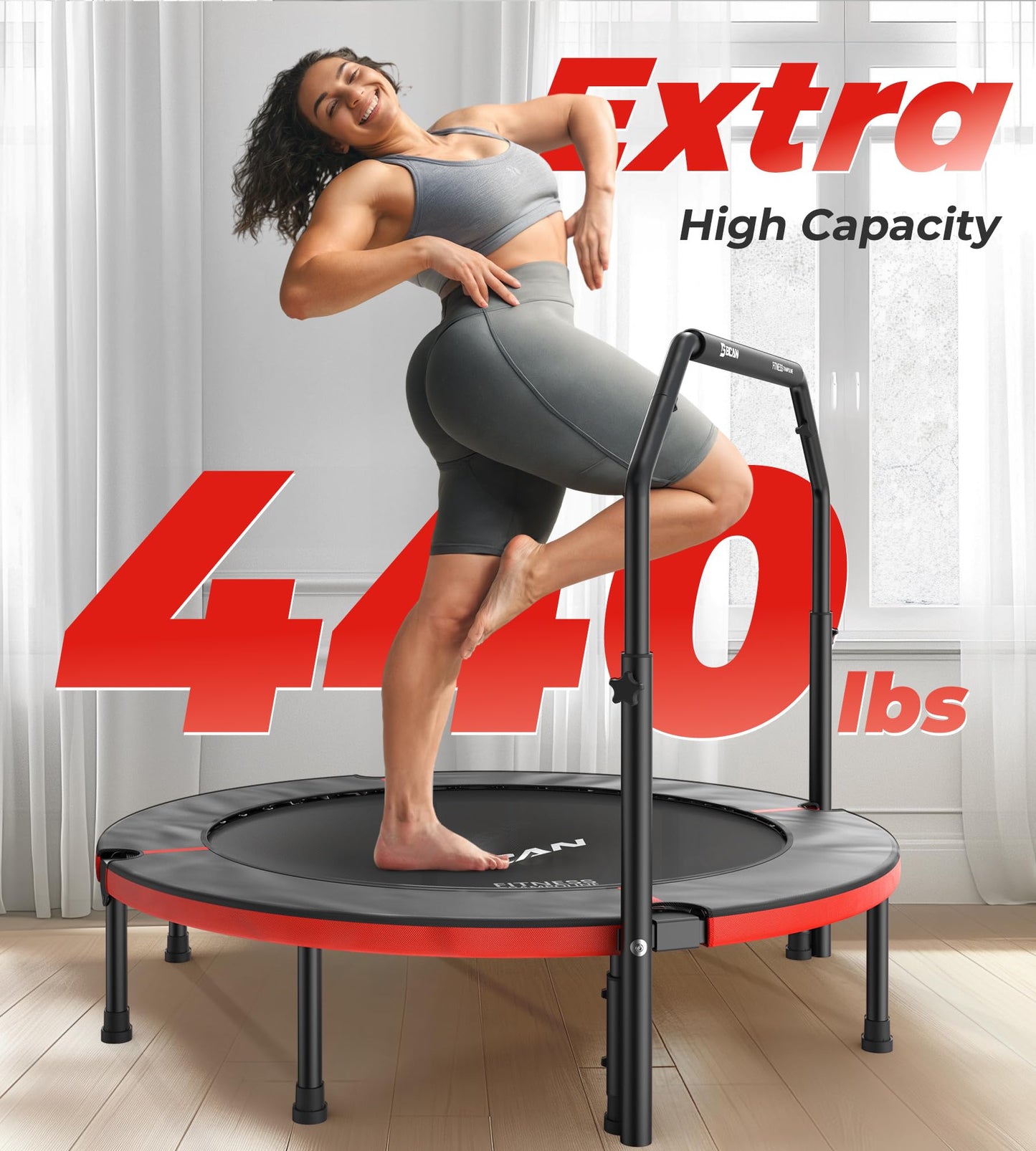 Exercise Rebounder Trampoline For Adults | Adjustable Handle-U Handle/48Inch Red