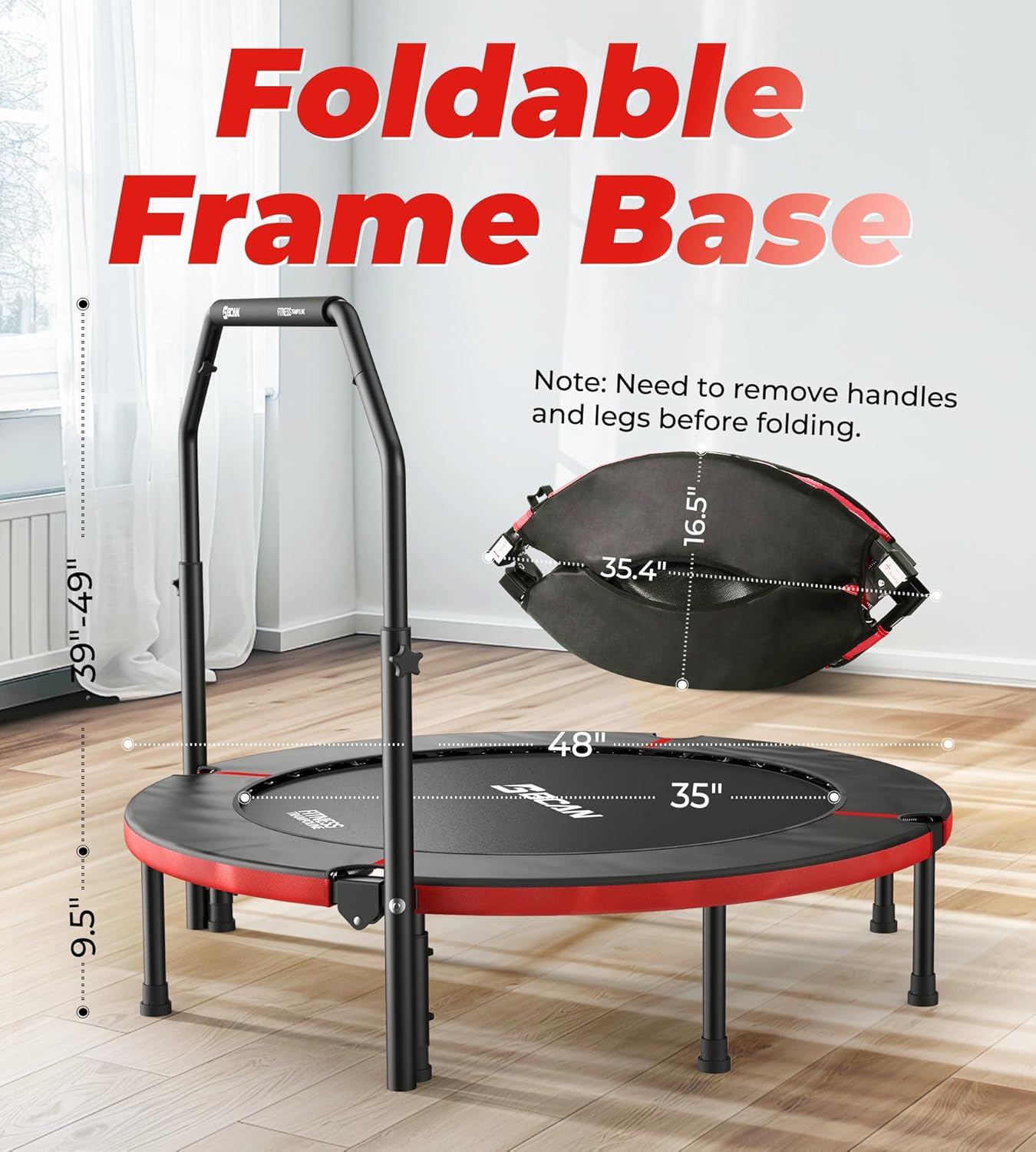 Exercise Rebounder Trampoline For Adults | Adjustable Handle-U Handle/48Inch Red