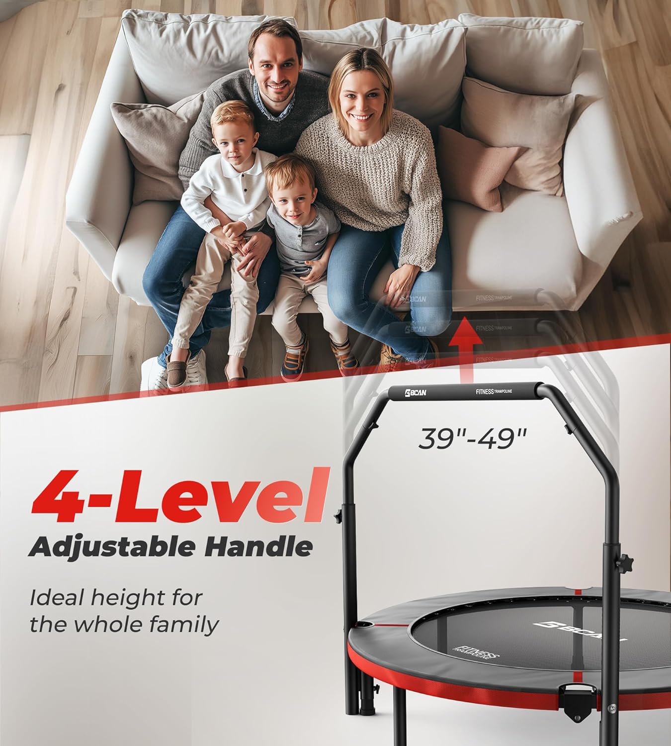 Exercise Rebounder Trampoline For Adults | Adjustable Handle-U Handle/40Inch Red