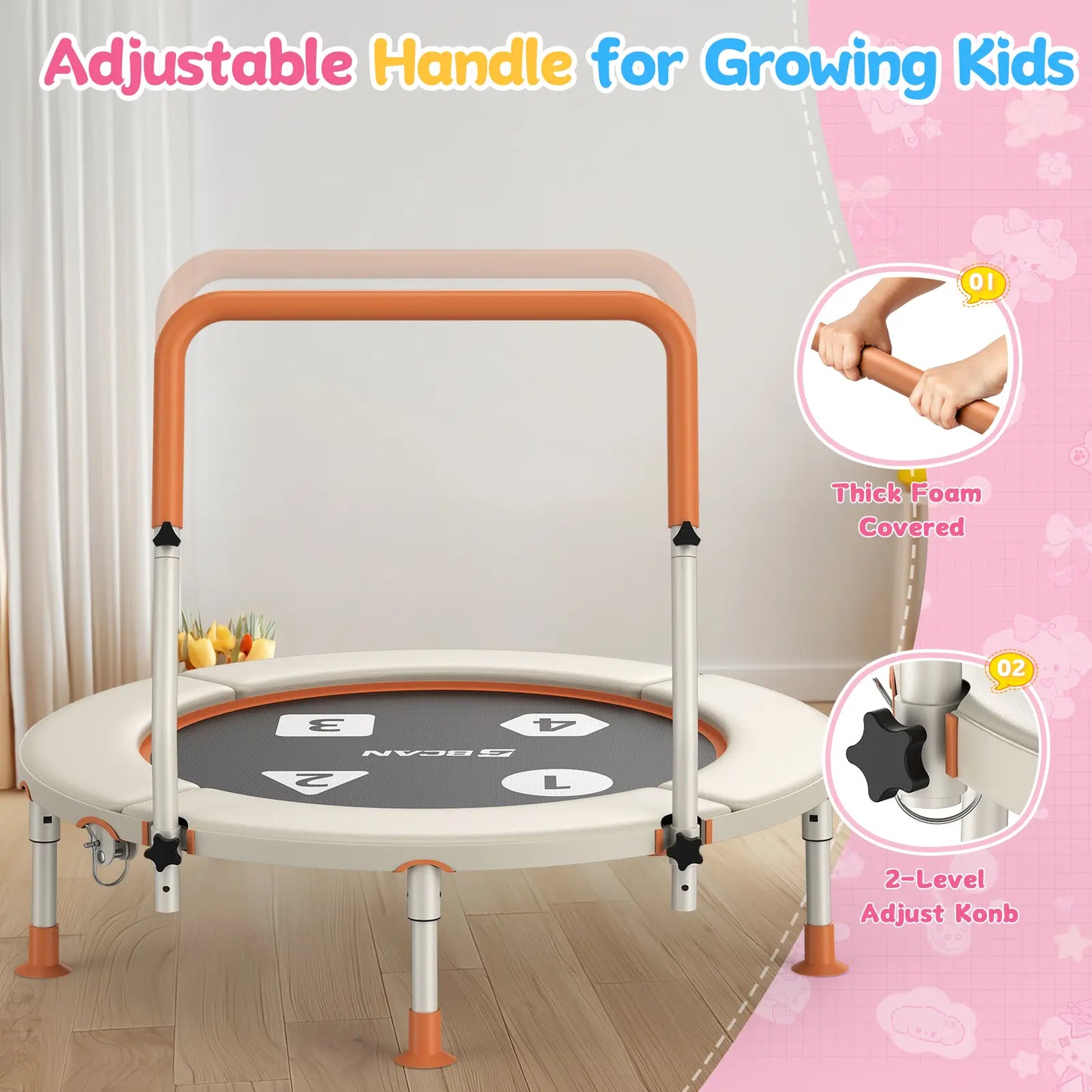 Toddler Trampoline | Adjustable Handle- 36IN-Beige