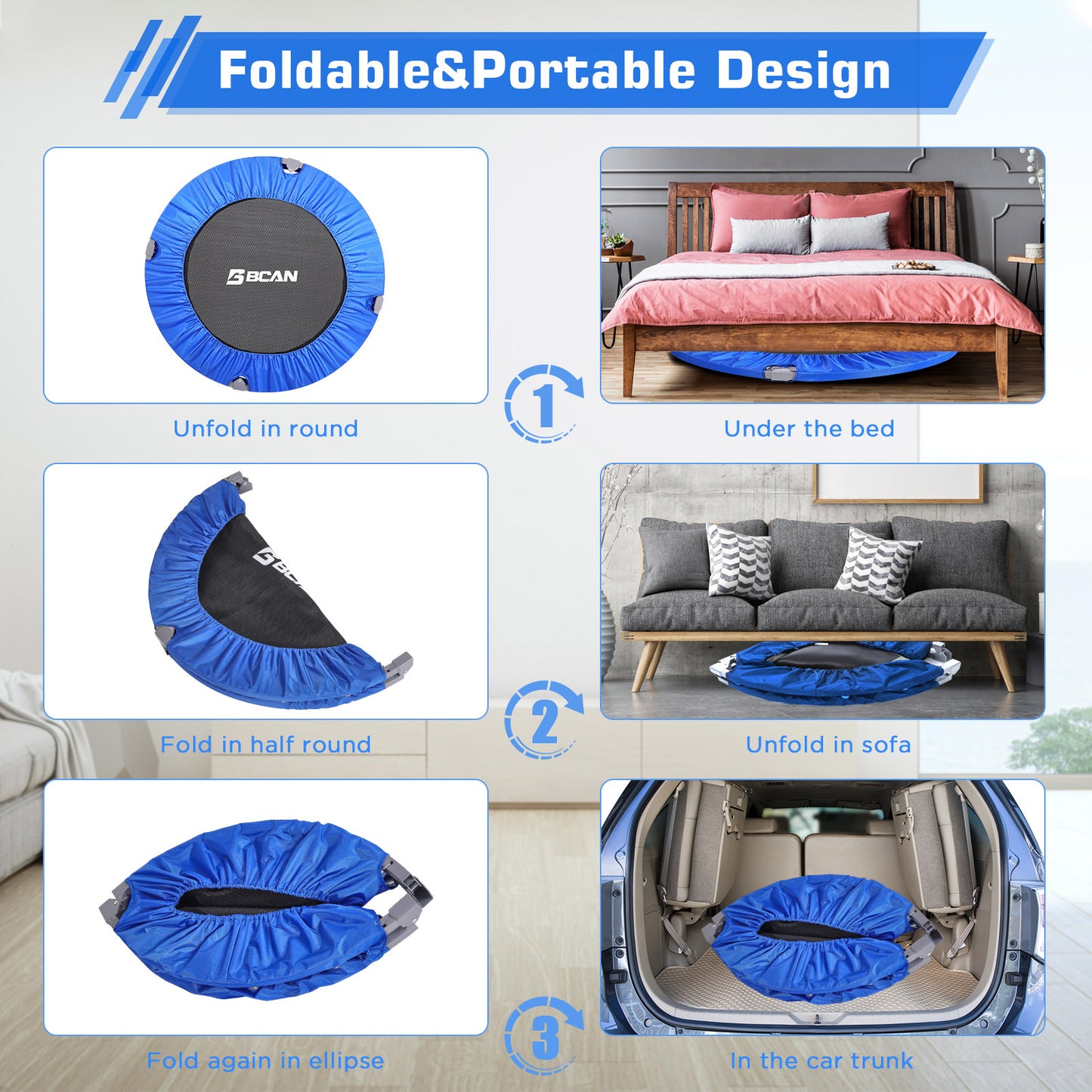 40-Blue Foldable Mini Trampoline with Adjustable Foam Handle